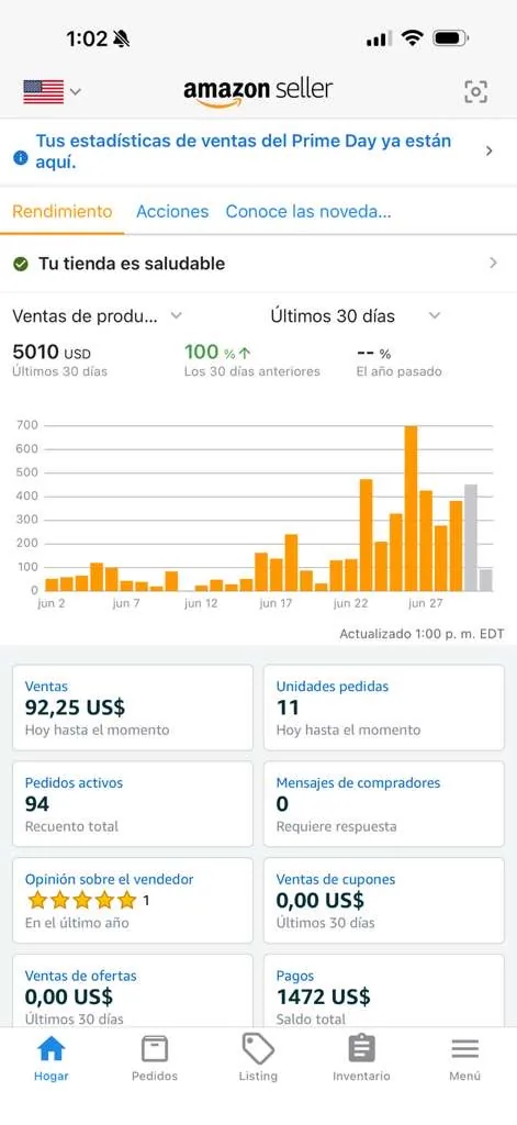 Captura de la app Amazon Seller compartida por un estudiante de Código Wholesale